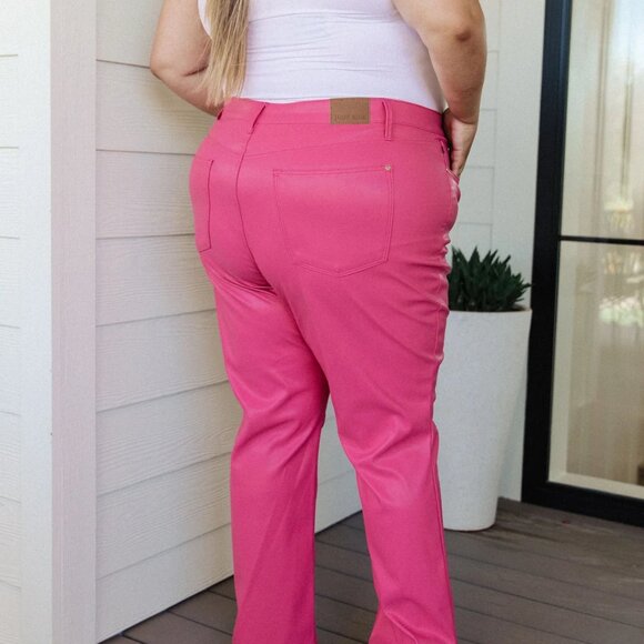 TANYA CONTROL TOP FAUX LEATHER PANTS IN HOT PINK - Picture 9 of 10